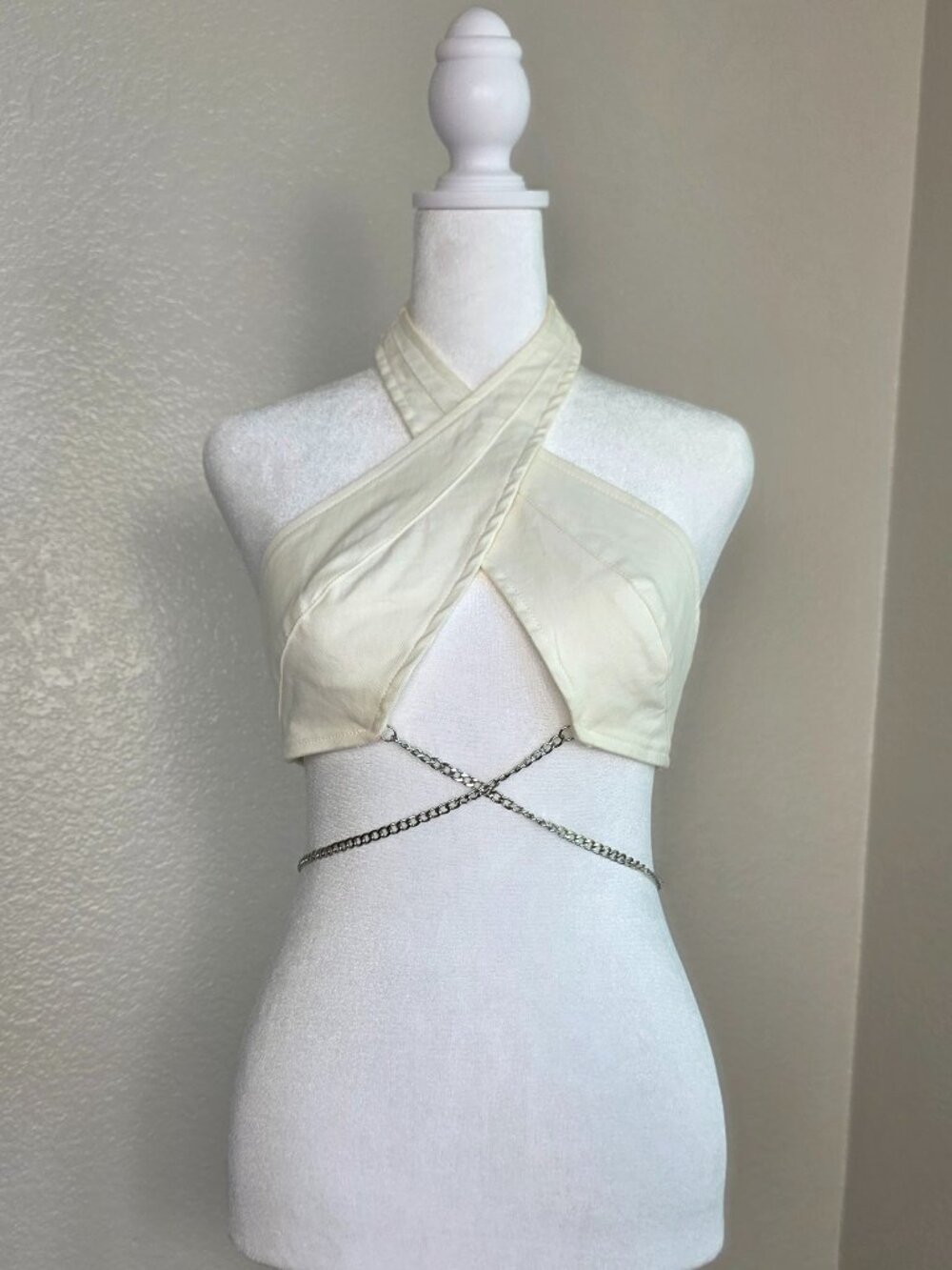 Y2K Halter Cross Front Top Denim S Off-White w Butterfly Chain